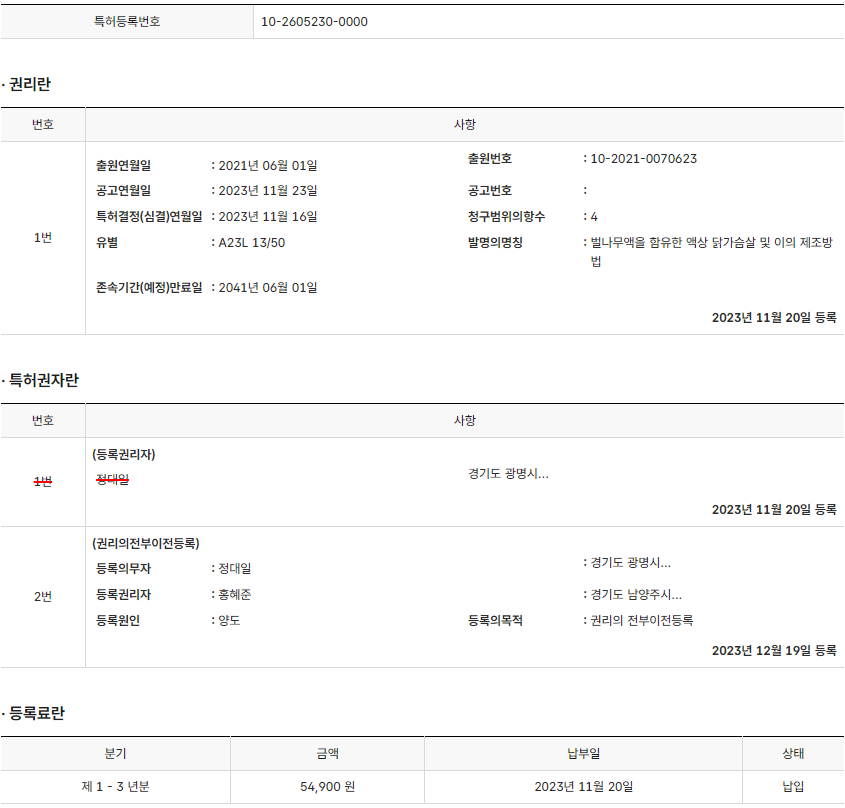 특허 제10-2605230호(벌나무액을 함유한 액상 닭가슴살 및 이의 제조방법, 홍혜준, 