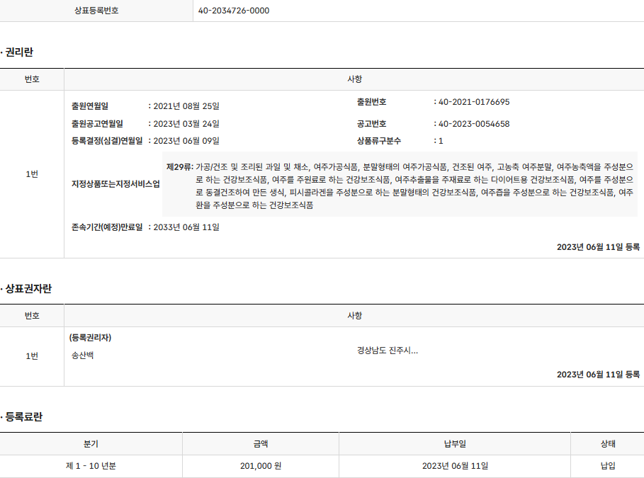 상표등록 29류 제40-2034726호(위풍당당여주, 송산백)