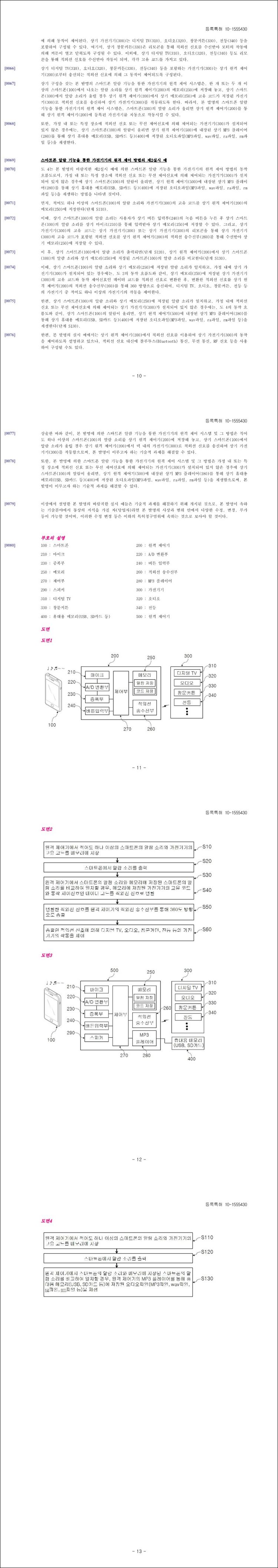 특허 제10-1555430호(스마트폰 알람 기능을 통한 가전기기의 원격 제어 시스템 및 그 방법, (주)이엠시스텍)