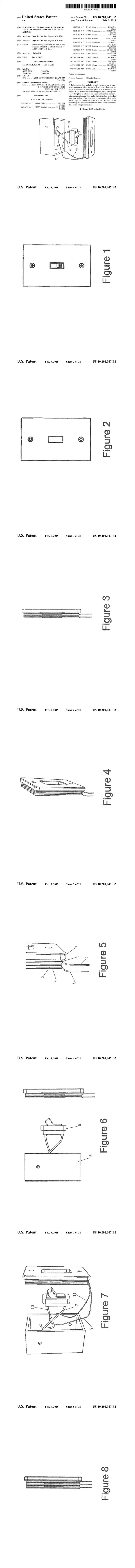 미국특허 US 10,201,047호(Flushmounted box cover on which the electroluminescence plate is affixed (Flushmounted 박스 덮개 전자 발광 플레이트가 부착된다), Hugo Joo Na, 
